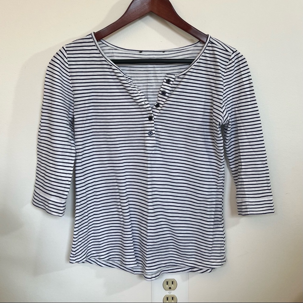 Navy Striped Henley Womens Top